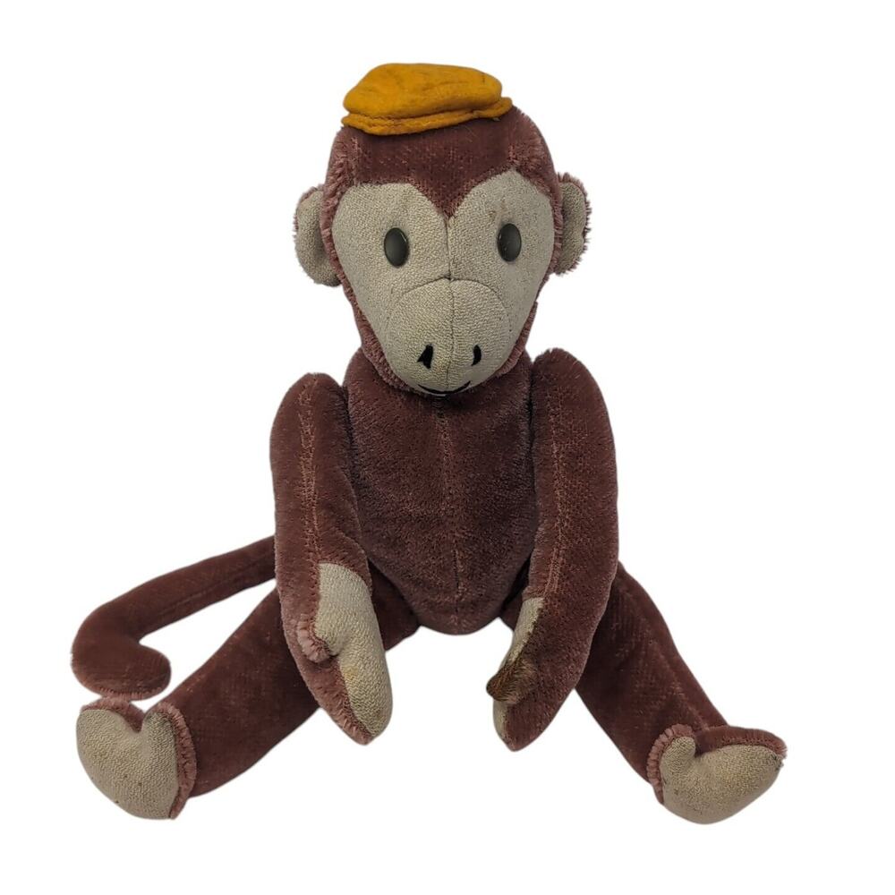 Old‎ Vintage 1960s Handmade Monkey Plush Toy Sitting Hat 9 inches tall Fair OOAK